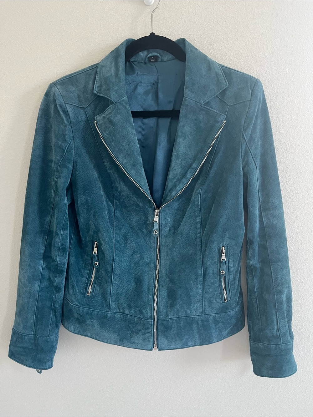 Pamela McCoy Teal 100% Leather Zip-Front Moto Jacket Size S